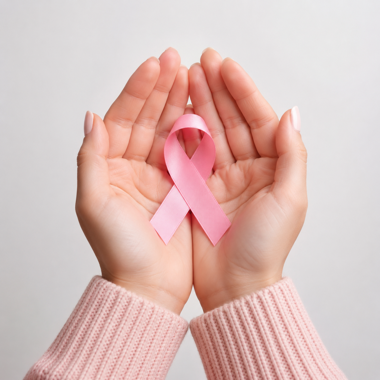 Mãos femininas segurando delicadamente um laço rosa de combate ao câncer